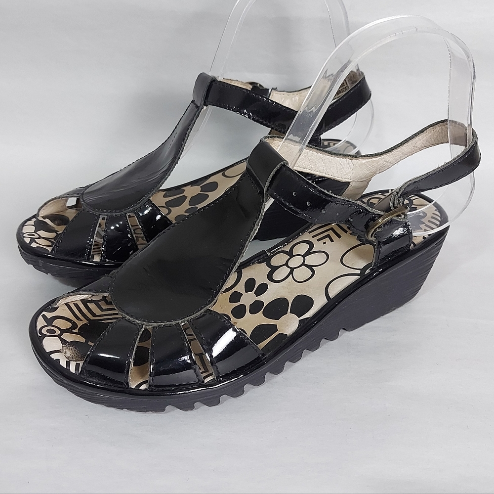 Fly London Peep Toe Buckle T-strap Wedge Sandals Size 37 EU Black Patent Leather